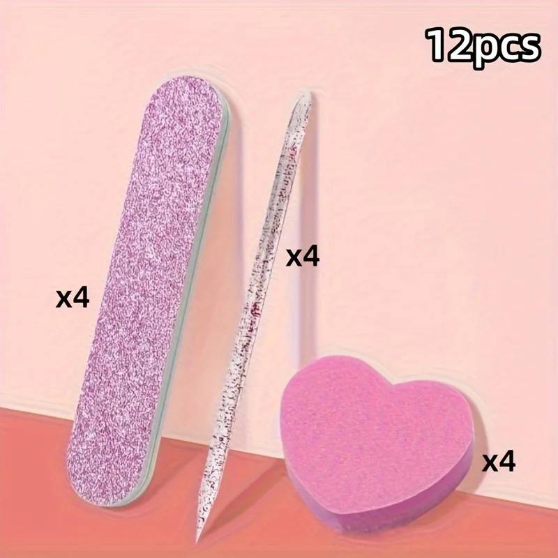 ピンクグリッターネイルケアキット12点セット - ハート型バッファ、クリスタルロッド、ネイルアートとペディキュア用の両面ファイル