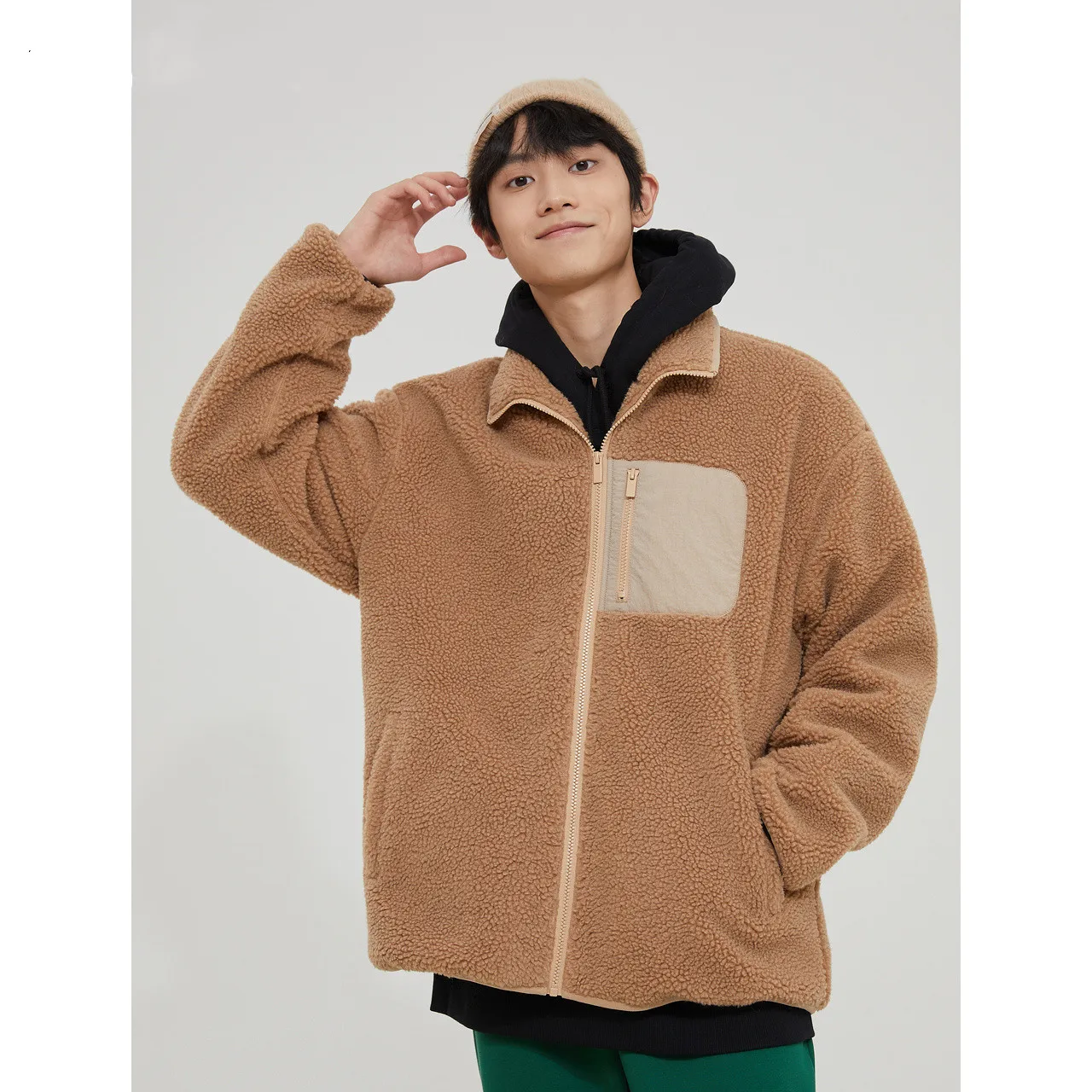 Metersbonwe Stand Collar Loose Lamb Wool Thick Coat Men and Women Back Hollow Logo Embroidered Autumn Winter Warm Outwear