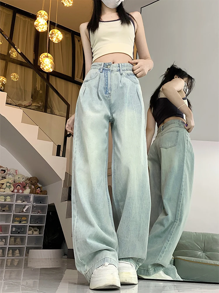 

Light Wa Wide Leg Denim Jeans Women Summer Thin Loose plus Size Pleated High Waist Loose Slimming Straight Floor-Length Pants
