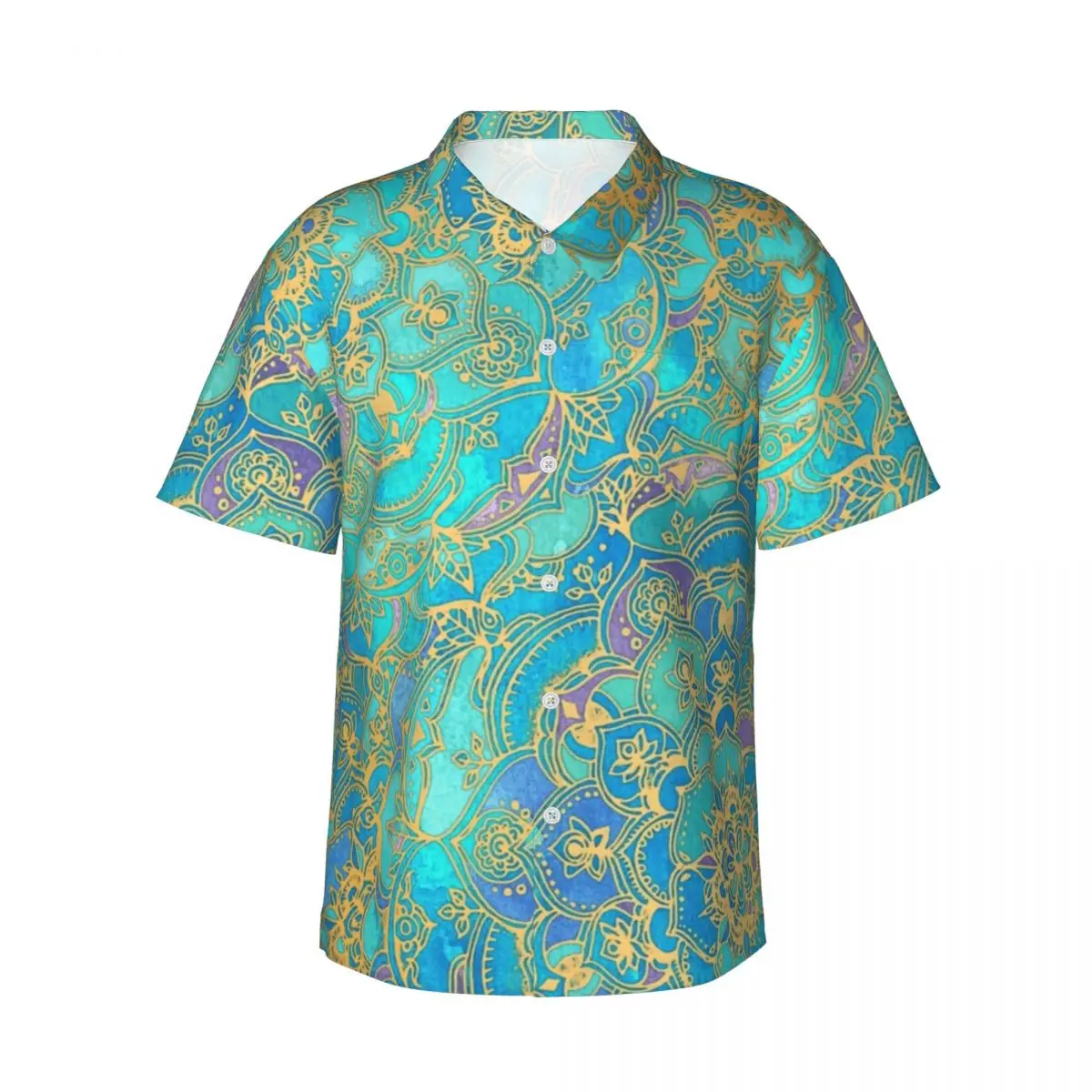 

Gold Metallic Print Casual Shirt Sapphire Jade Stained Mandalas Novelty Summer Shirts Man Beach Stylish Pattern Oversize Blouses