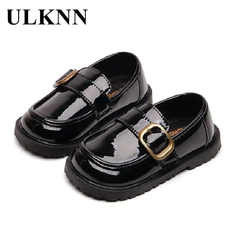 ULKNN – chaussures en cuir verni pour bébé, noires et blanches, à enfiler, plates, à la mode, pour enfants