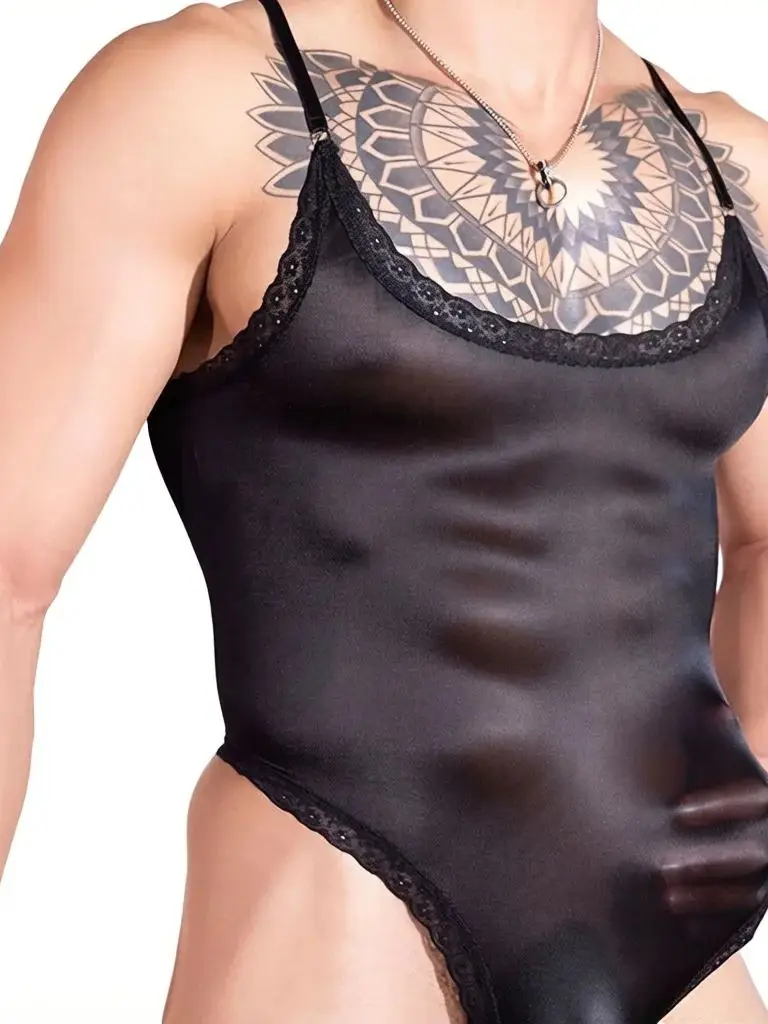 Men's Buckle Open Crotch Bodysuit Tops Spaghetti Strap Lace Sexy Tights Lift Butt Oil Shiny Sheer Man Onesie Fashion Jumpsuit