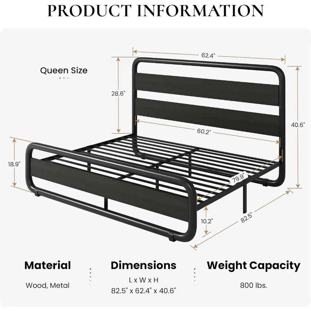 Metal Bed Frame com cabeceira de madeira e Footboard, Heavy Duty Oval-Shaped Plataforma, Under-Bed Armazenamento, Noise Free