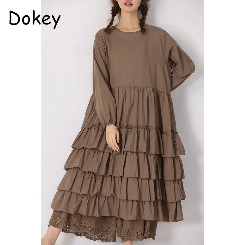 Vintage Ruffled Cake Cotton Linen Dress Women Spring Japanese Mori Girl O-Neck Long Sleeve Loose Long Dress Casual Vestido Mujer