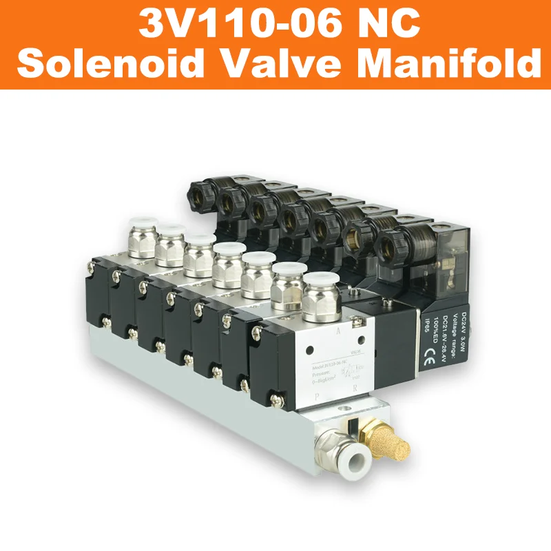 3V110-06 NC 3/2 Way Solenoid Valve Normally Closed Pneumatic Valve With Manifold Muffler Fitting DC12V DC24V AC110V AC220V