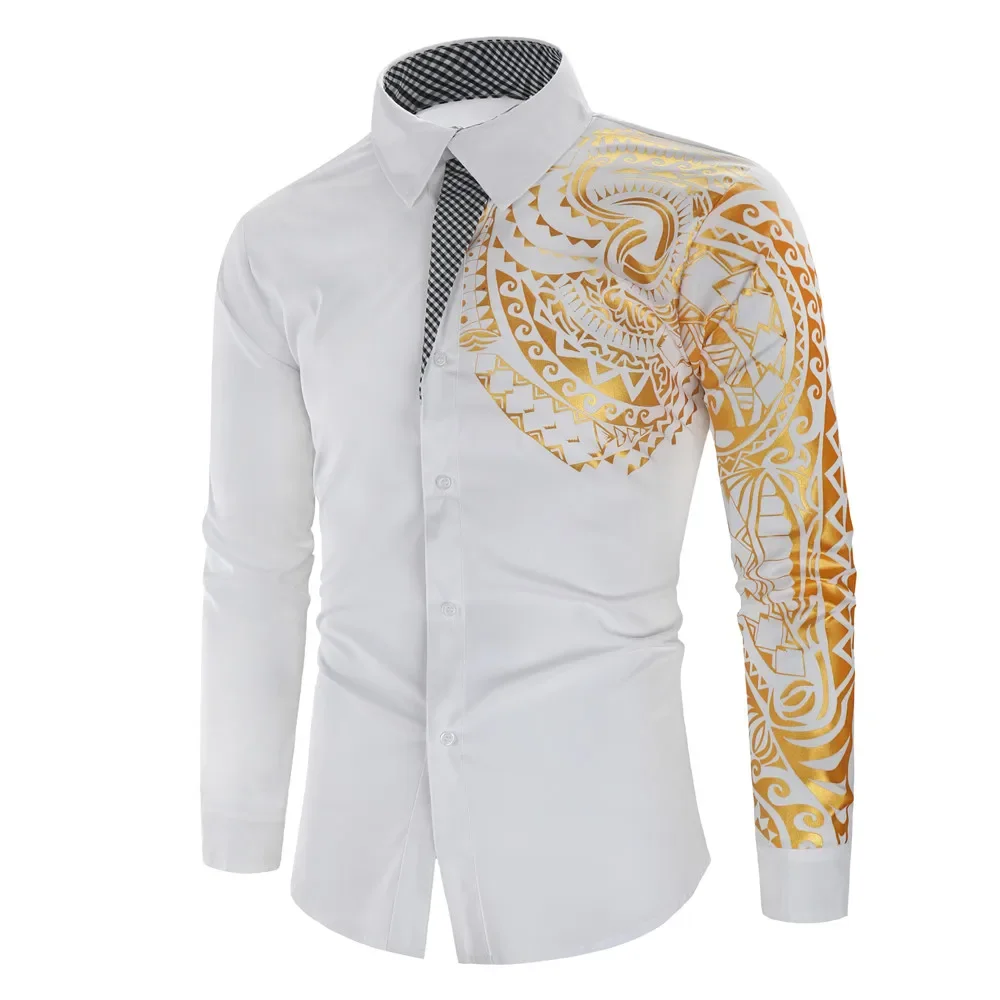 

Men's Shirt Men's Luxury Gold High Quality Long Sleeve Shirt Business White Black Men's Dress Prom Social Print Shirt E6134