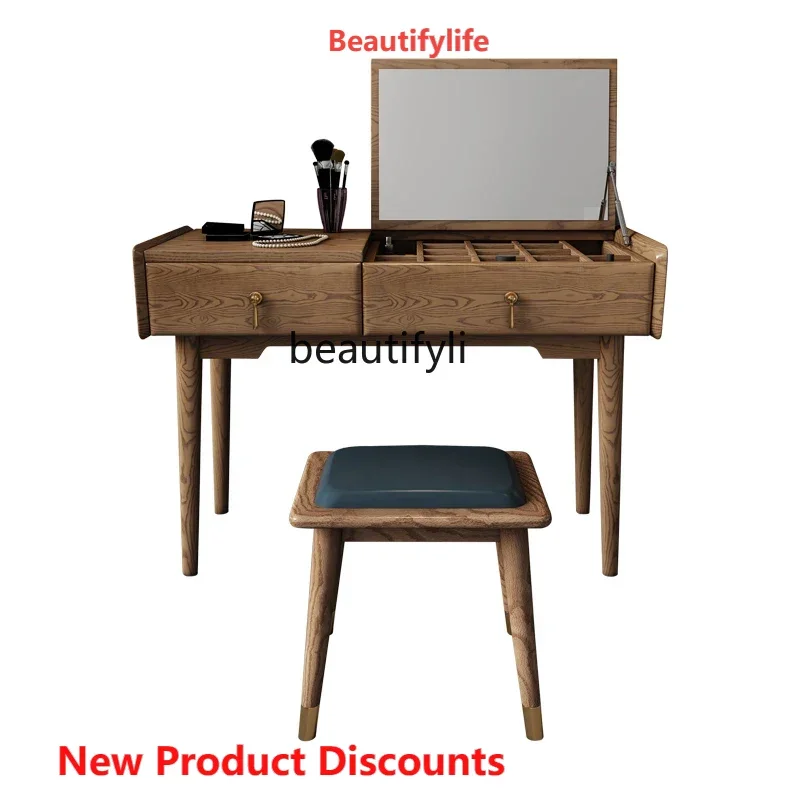 

S Nordic Solid Wood Dressing Table Simple Modern Small Apartment Bedroom Flip White Wax Makeup Table and Chair