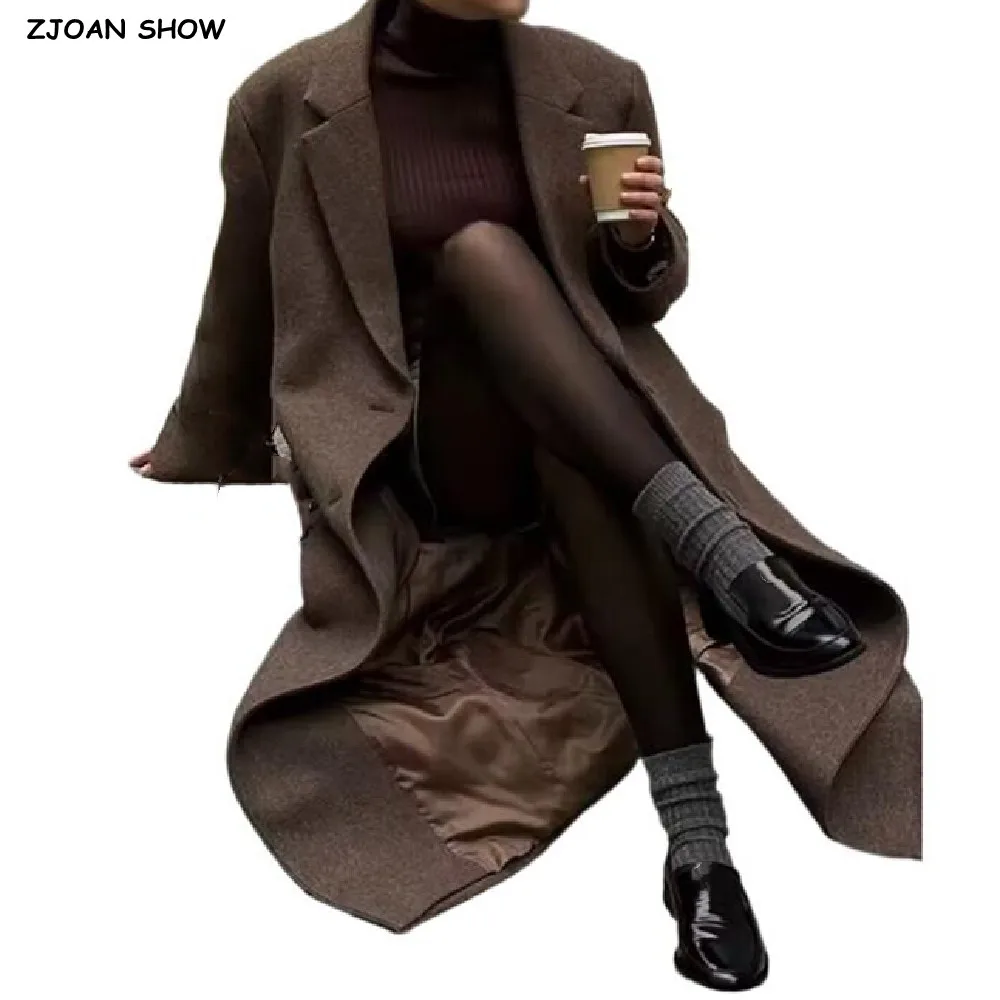

2025 шикарное осенне-зимнее длинное шерстяное пальто с кофейным воротником с зубчатыми лацканами, женское пальто с разрезом сзади и открытыми пуговицами, Тренч с длинными рукавами, верхняя одежда
