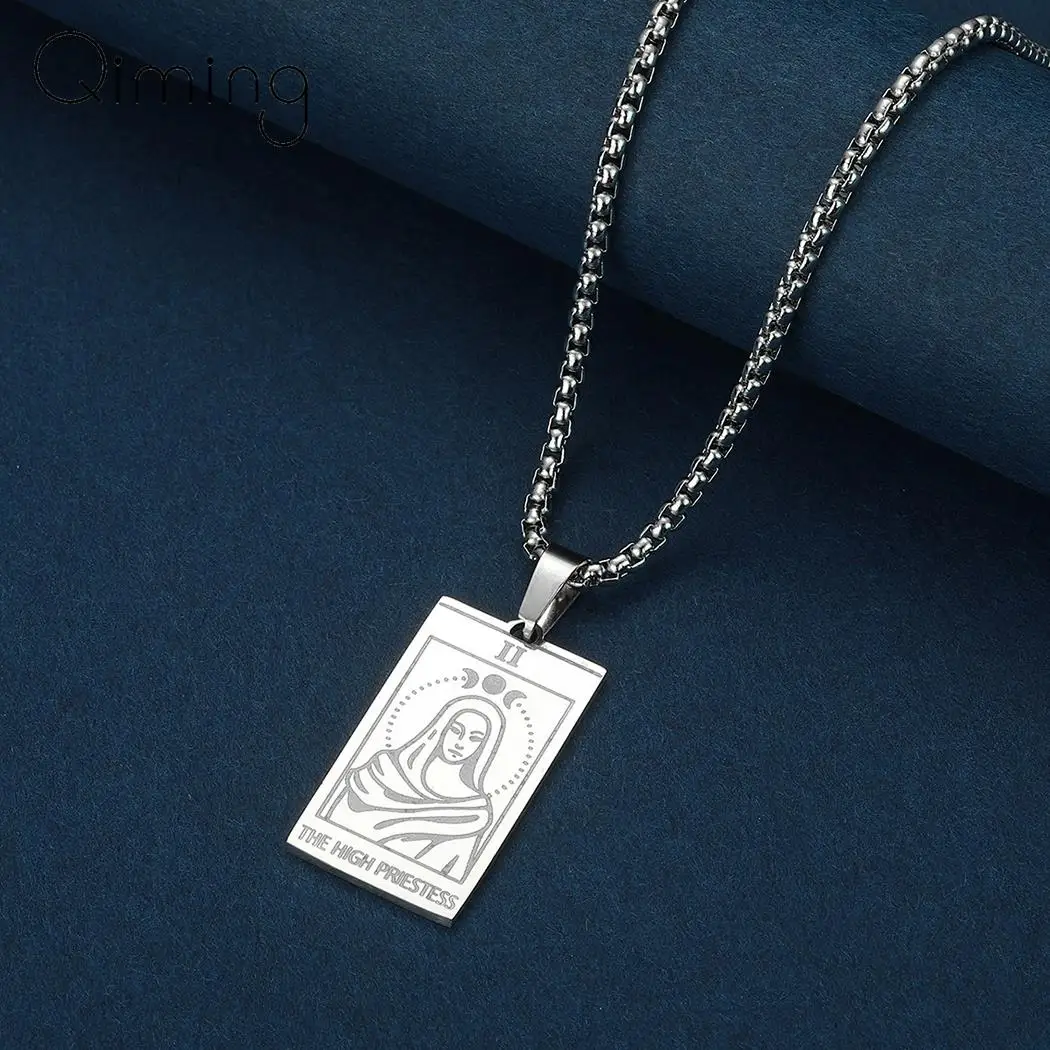 Bohemian The High Priestess Pendant Necklace Men Women Stainless Steel Jewelry Tarot Card Necklace