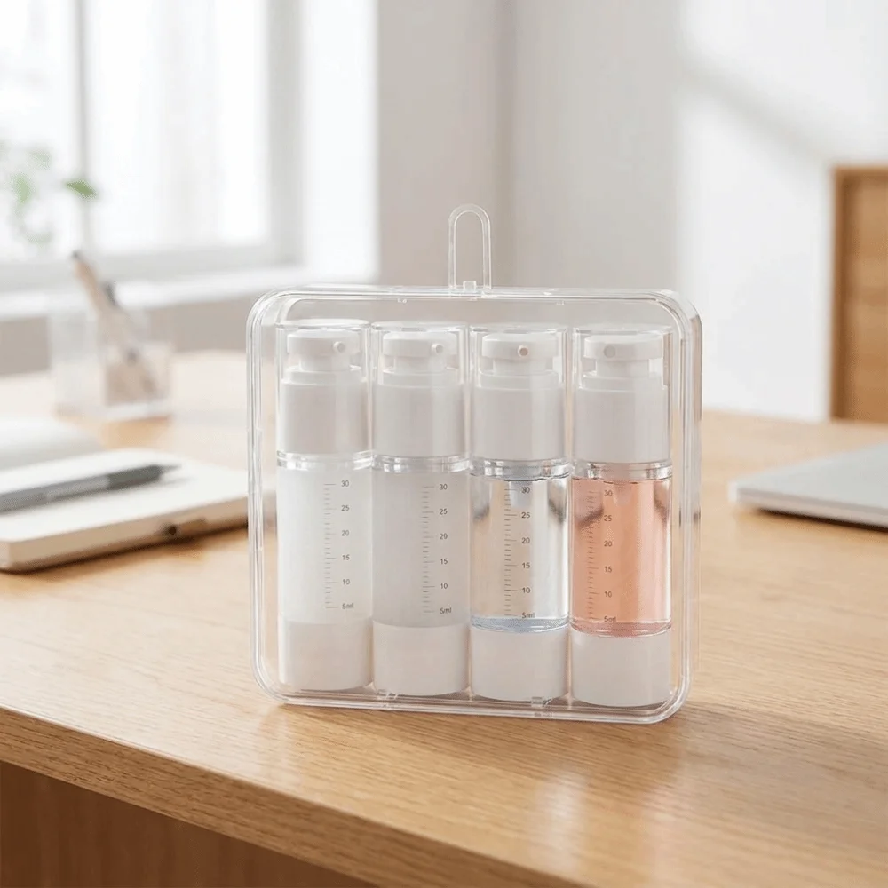 Transparentes Reise-Nachfüllflaschen-Set, wiederverwendbar, mit Aufbewahrungsbox, Shampoo-Leerbehälter mit Skala, platzsparend – Detail 13