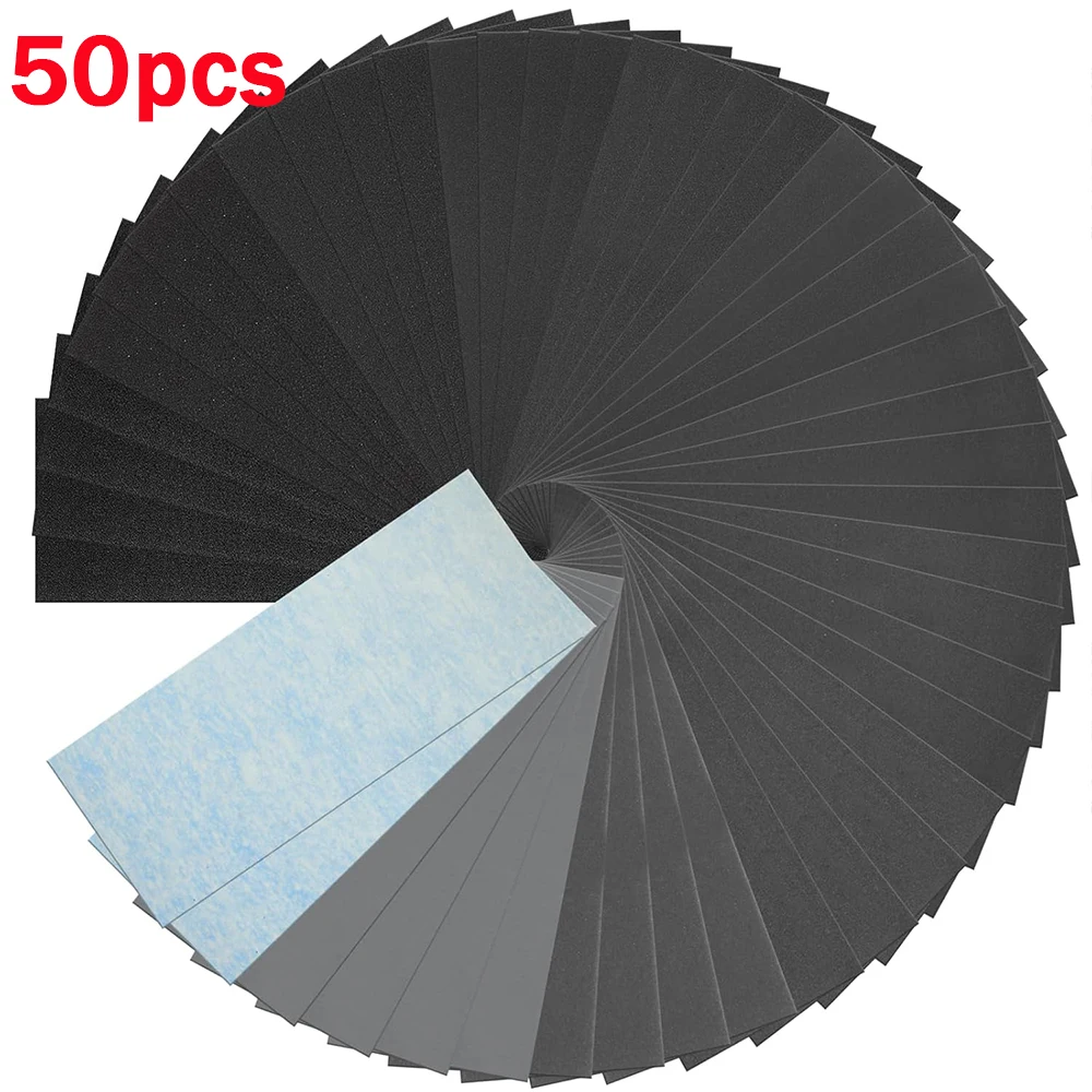 Lot de 50 papiers abrasifs, papiers abrasifs humides et secs, assortiment de grains de papier abrasif pour ponçage du bois, du métal et des voitures, polissage du métal