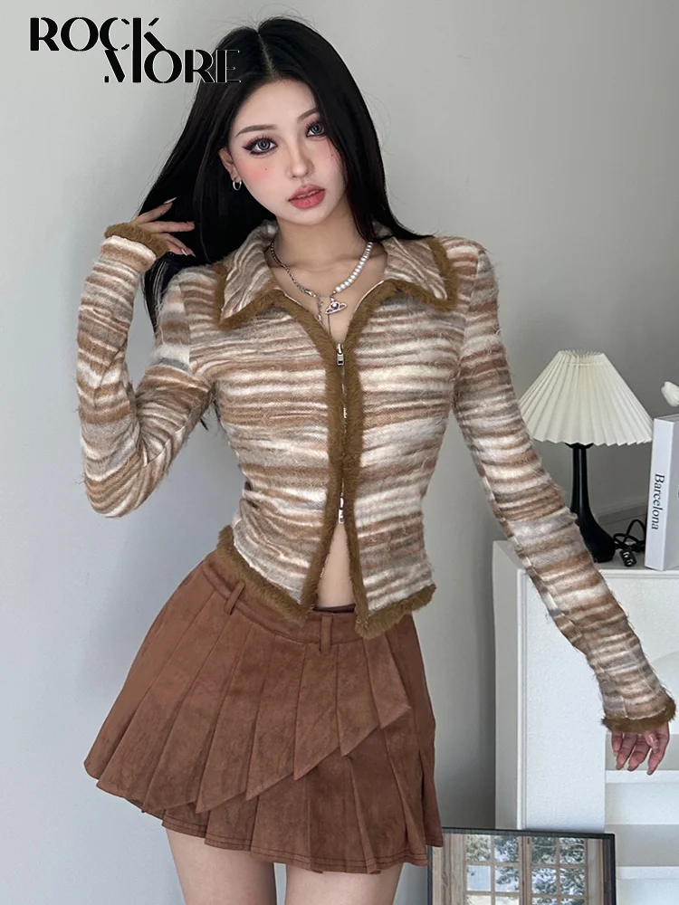 Rockmore Striped Knit Sweater Cardigan Y2K High Street Women Autumn Turn-down Collar Zipper Sweaters Coat Female Casual Korean