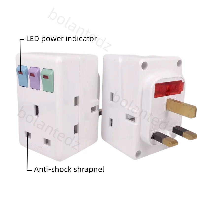 UK-Stecker, 250 V, 13 A, tragbar, mehrfarbig, 1 bis 3 Wege, Reiseadapter, Steckdose mit EIN/AUS, unabhängiger Steuerschalter, Umwandlungsstecker