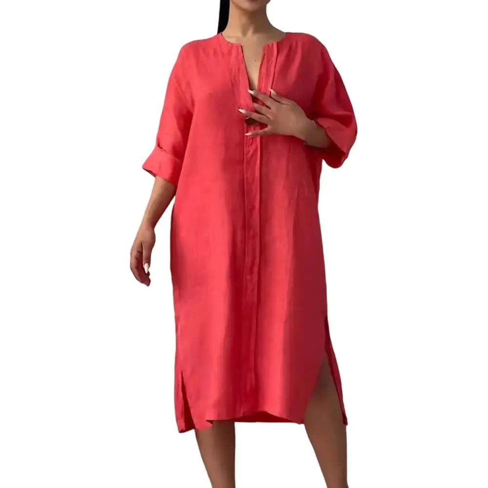 Loose Fit Button Dress Elegant V Neck Midi Dress with Button Decor for Women Wear A-line Solid Color Split Hem Three Quarter