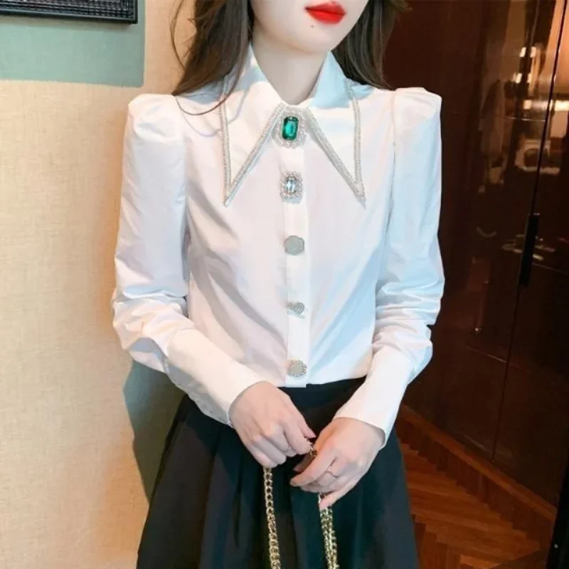 Women New Polo Collar Shirt Fashion and Elegant Studded with Diamonds Solid Buttons Casual and Versatile Long Sleeve Tops E672