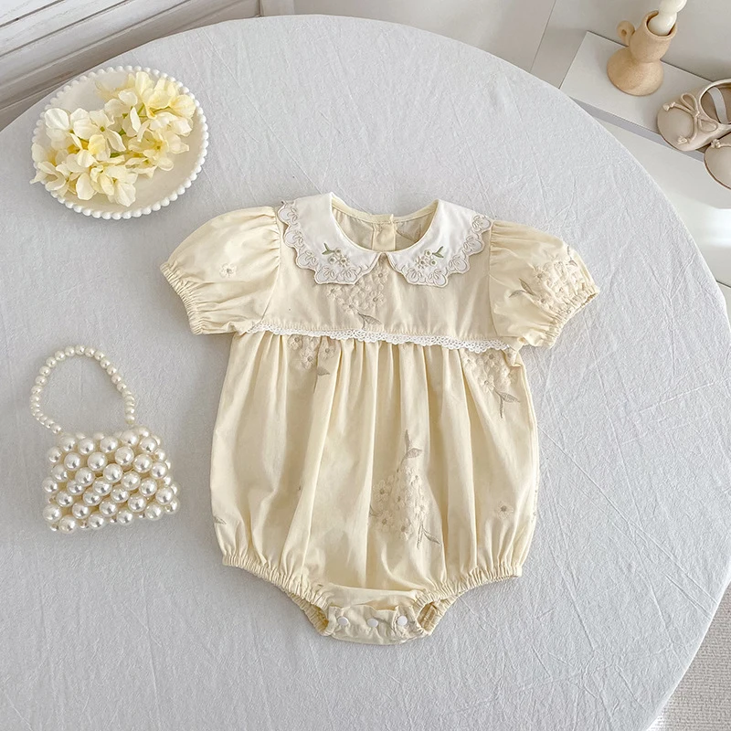 2026 Summer New Baby Girls Romper Korean Version Short Sleeved Bodysuit Flower Embroidered Sweet 0-24M Romper
