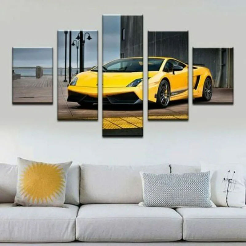 

No Framed 5Pcs Awesome Luxury Yellow Car Paintings Canvas Pictures Wall Print Art Posters for Living Room Bedroom Home Decor