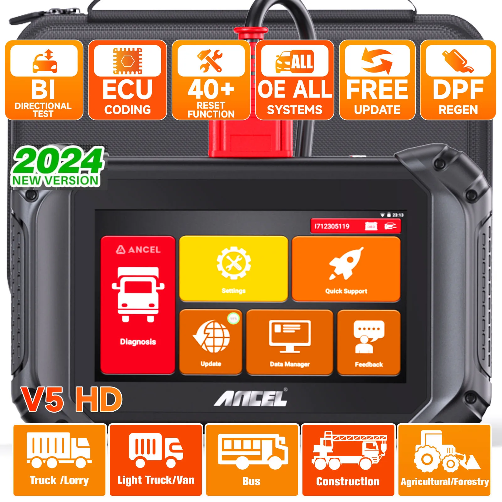 ANCEL V5 HD Heavy Duty Truck Trucks Professional Diagnostic Device All System OBD2 Scanner ECU Coding BI-Directional