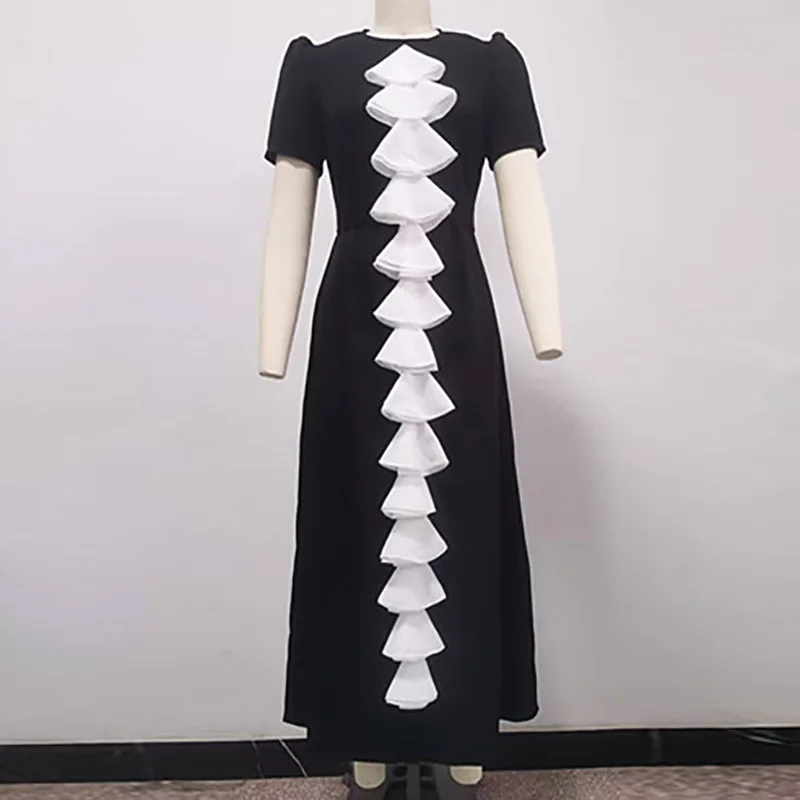 エレガントな O ネックカラーブロックロングドレス女性カジュアルバブルスリーブスリムフィットパーティードレスファッションハイトウエスト固体通勤ドレス