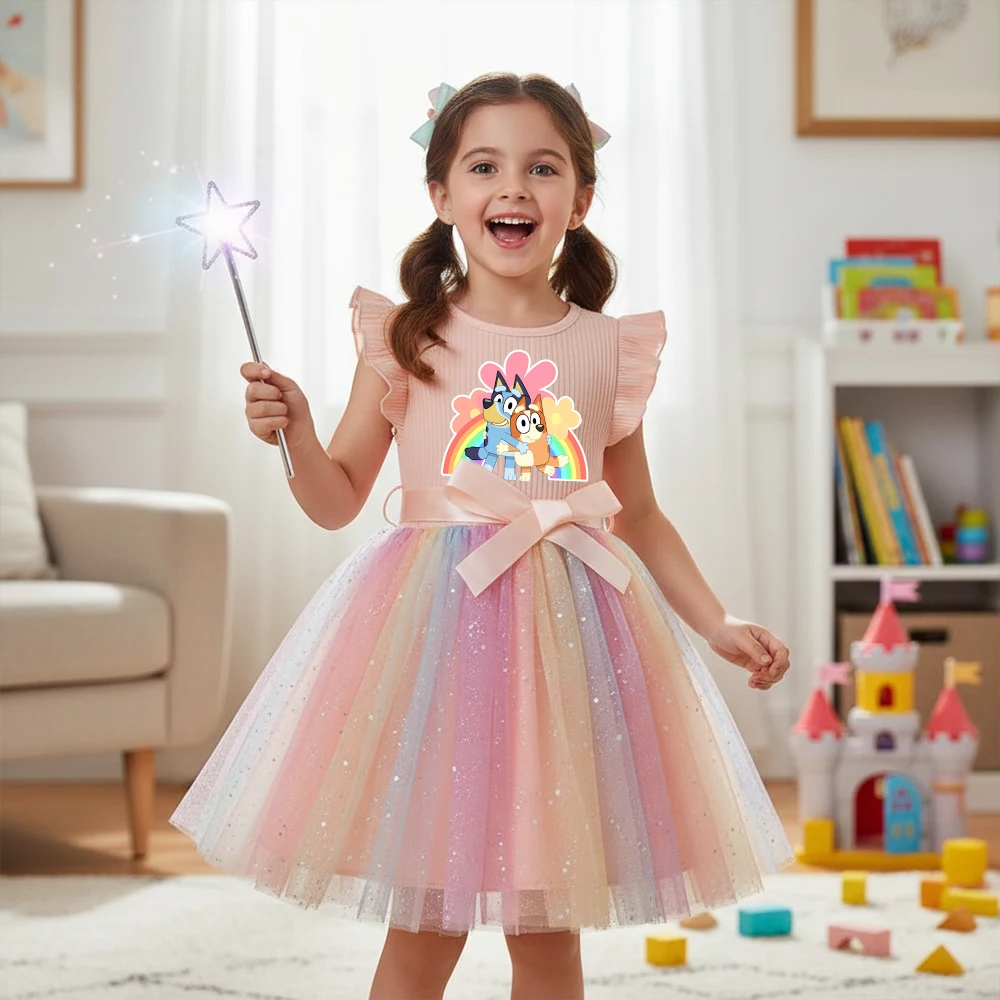 Bluey, vestido de tul de manga corta para niña pequeña, tutú de punto con lazo para fiesta, faldas con volantes de princesa, ropa de verano, regalo de vacaciones de cumpleaños