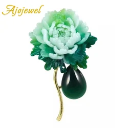 Ajojewel Resin Stone Green Peony Vintage Brooch Woman Chinese Style Jewelry Suit Pin For Clothes Best Gift