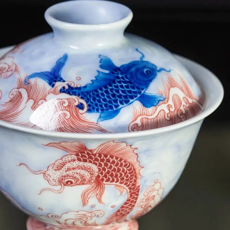Holy Mountain Jingdezhen Blue And White Doucai Koi Tengyue Ceramic Hand-Painted Chinese Covered Bowl Set Tea Cup