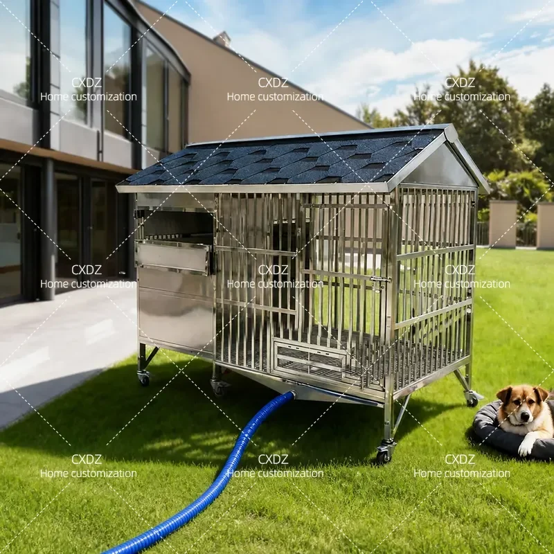 Outdoor Stainless Steel Dog Cage with Toilet Villa for Medium Large Dogs Rainproof Sun Insulated Bite Resistant Kennel