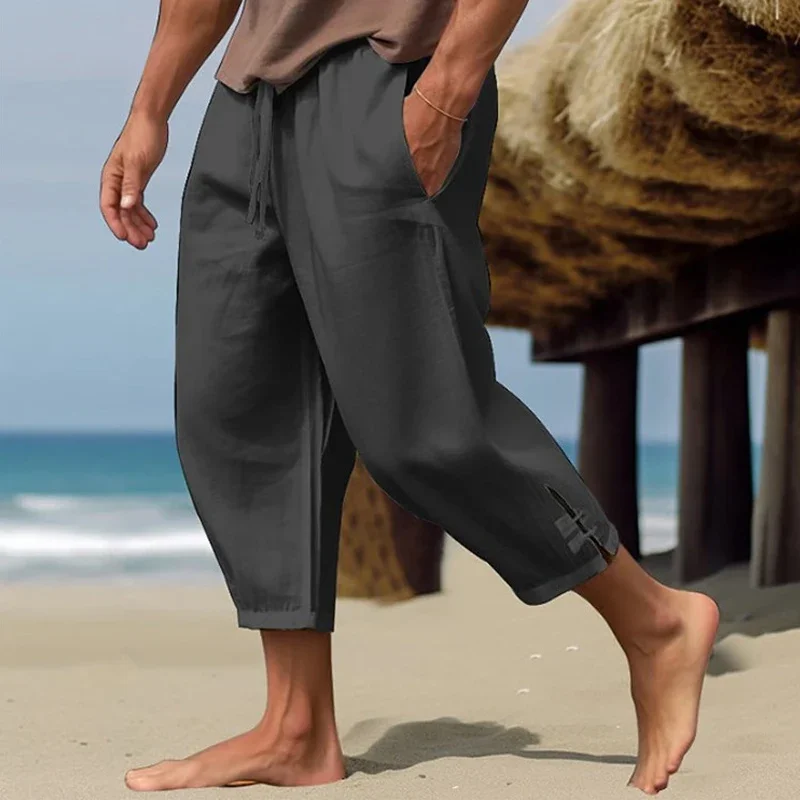 Seaside Beach Daily Leisure Mens Linen Pant Spring Summer Fashion Side Slit Design Thin Pant Men Casual Loose Three Quarter Pant