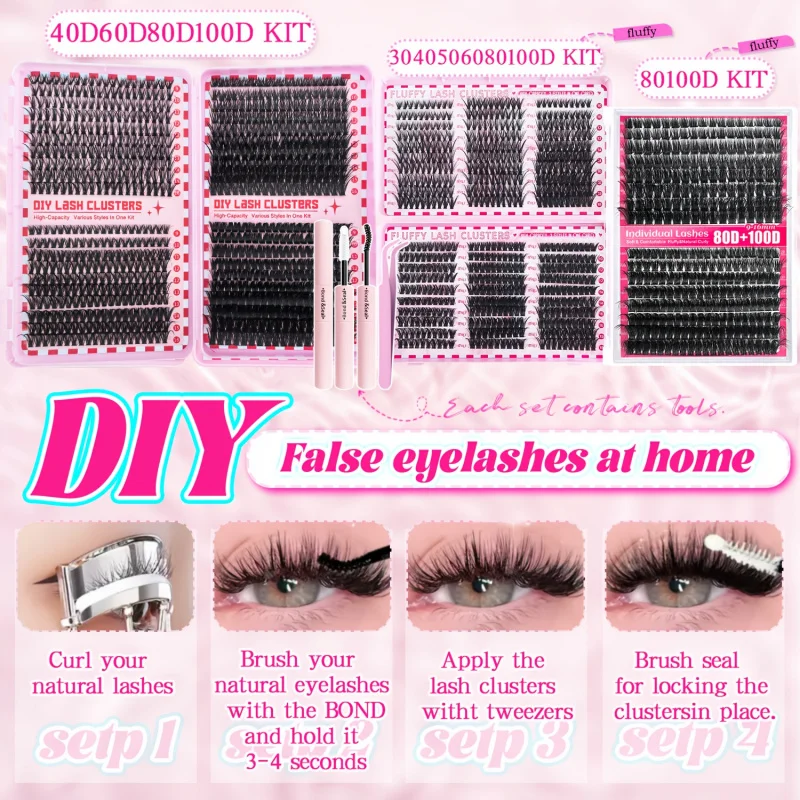 DIYまつげエクステキット - Dカール ふんわり＆ボリュームスタイル、ミックス長さ9-16mm、ボンド＆シールピンセット付きで再利用可能