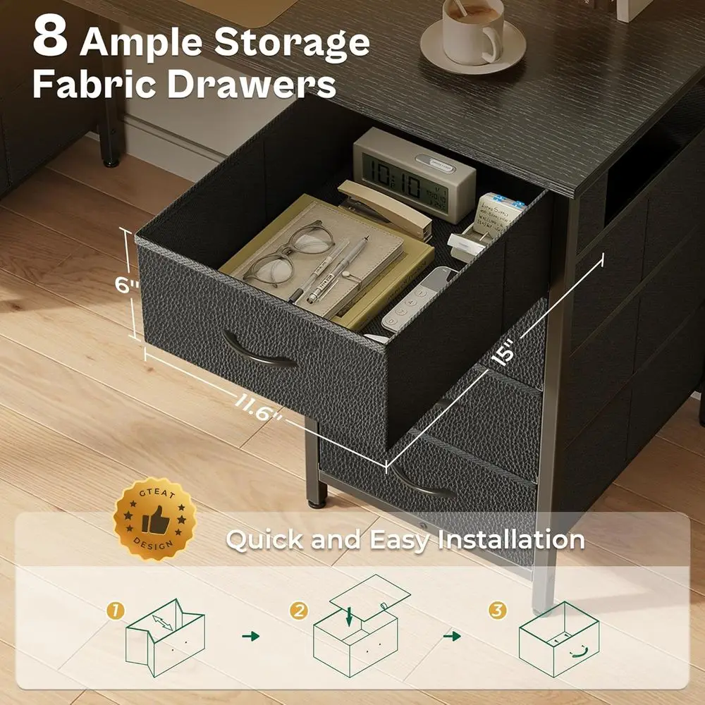 مكتب ألعاب كبير 55 للمكتب المنزلي مع 8 أدراج قماش، أسود، للدراسة والتخزين