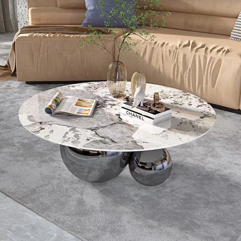 Silver Luxury Coffee Tables Nordic Modern Minimalist Marble Effect Coffee Tables Round White Mesa Centro Salon Home Furniture