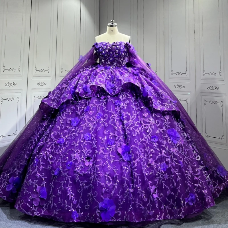 

Фиолетовое блестящее платье для квинсеаньеры, бальное платье с открытыми плечами, с пайетками, аппликацией из цветов, бисером, кристаллами, бантом, корсетом, для дня рождения, вечеринки, сладкое