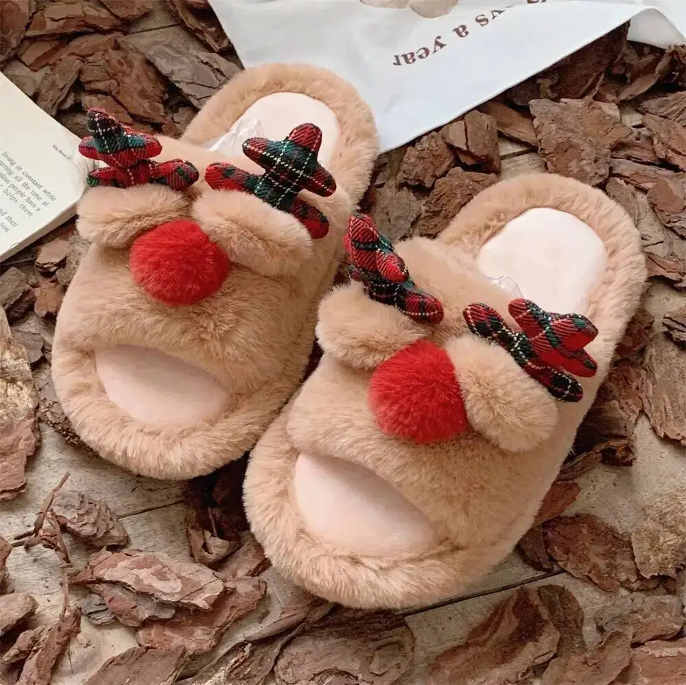 

Christmas Reindeer Home Slippers For Men & Women Winter Furry Warm Indoor Household Cozy Couple Home Cotton Slippers