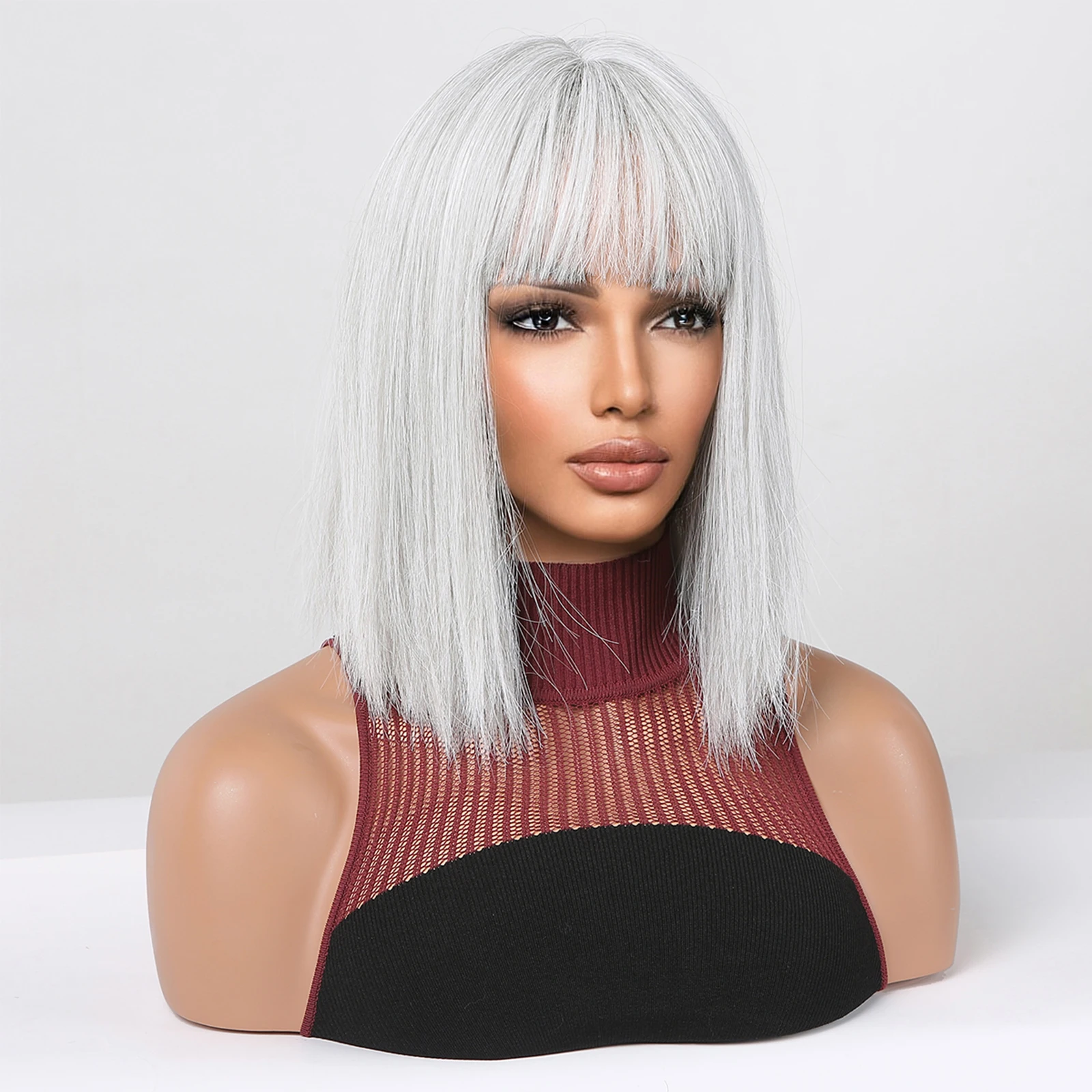 Silver Gray Straight Synthetic Wig Short Bob Wigs with Bangs for Women Cosplay Party Use Heat Resistant Fiber Natural Looking