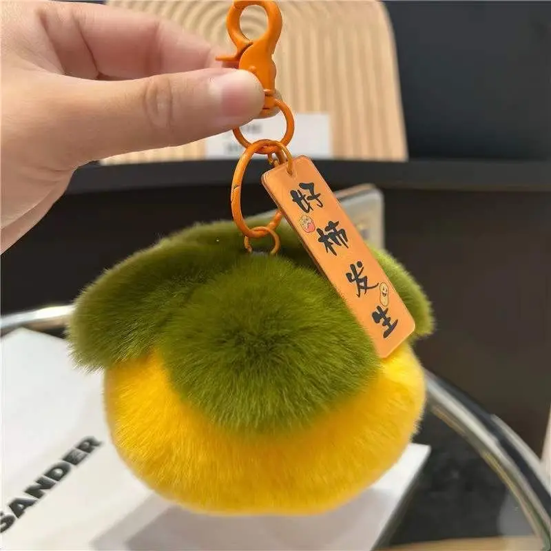 Real Rabbit Hair Mini Cute Small Persimmon Keychains Women Plush Rex Rabbit Fur Car Key Chain Bag Decoration Pendant Gift 2024