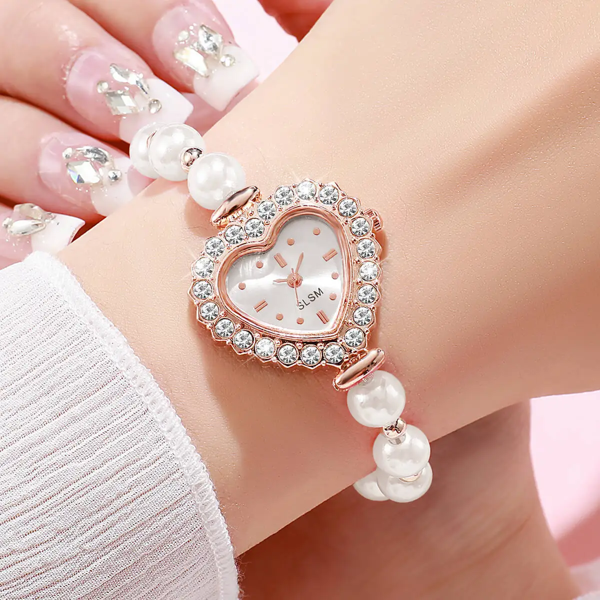 2 шт./компл. модные женские часы кварцевые часы браслет с имитацией жемчуга наручные часы с сердечным циферблатом Reloj Mujer (без коробки)
