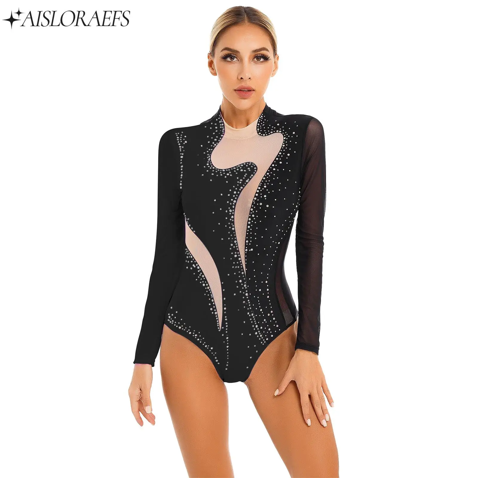 

Women Ballet Leotard Color Block Patchwork Rhinestone Gymnastics Acrobatics Bodysuit Jumpsuit Figure Skating Dance Clothes