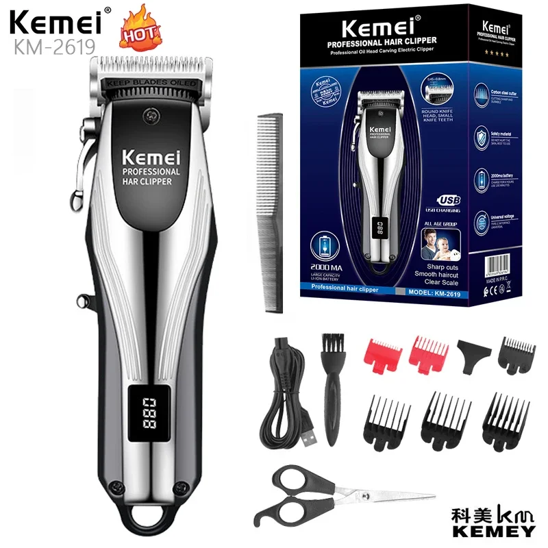 Kemei Km-2619 Hot Selling USB Rechargeable Rigid Body Professional Men Electric Hair Clipper Rasuradora Multifuncional