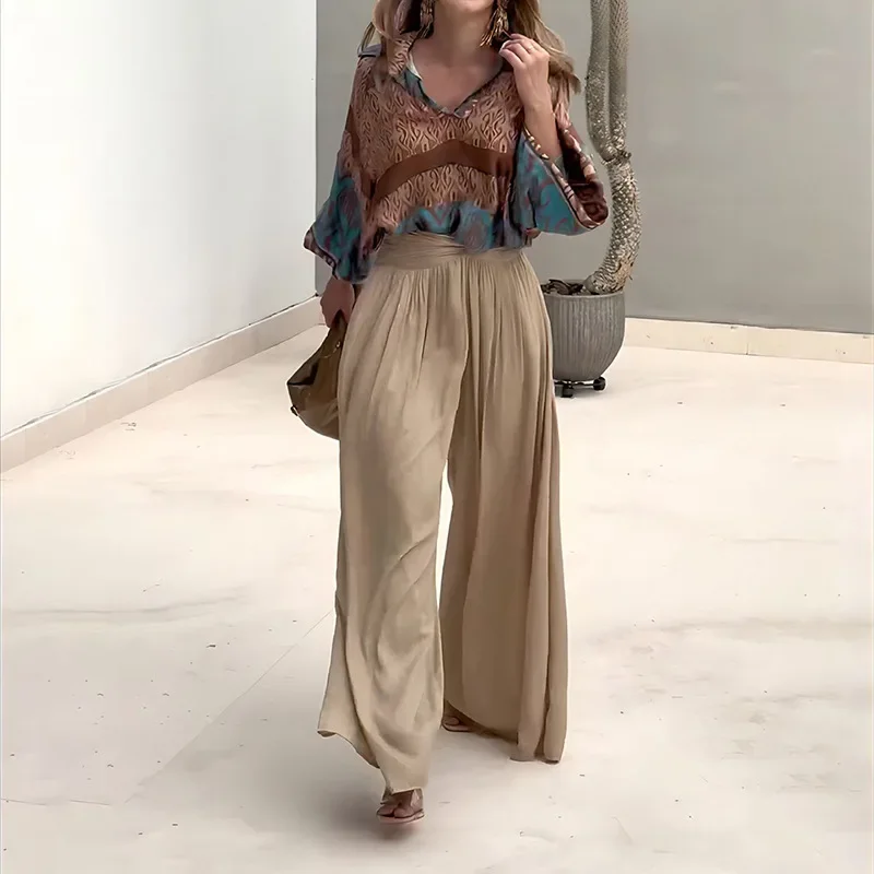 

Sexy V-neck Shirt and Wide Legger Pant Outfits Women Elegant Pattern Print Loose Suit Office Casual Long Sleeve Commuter 2Pc Set