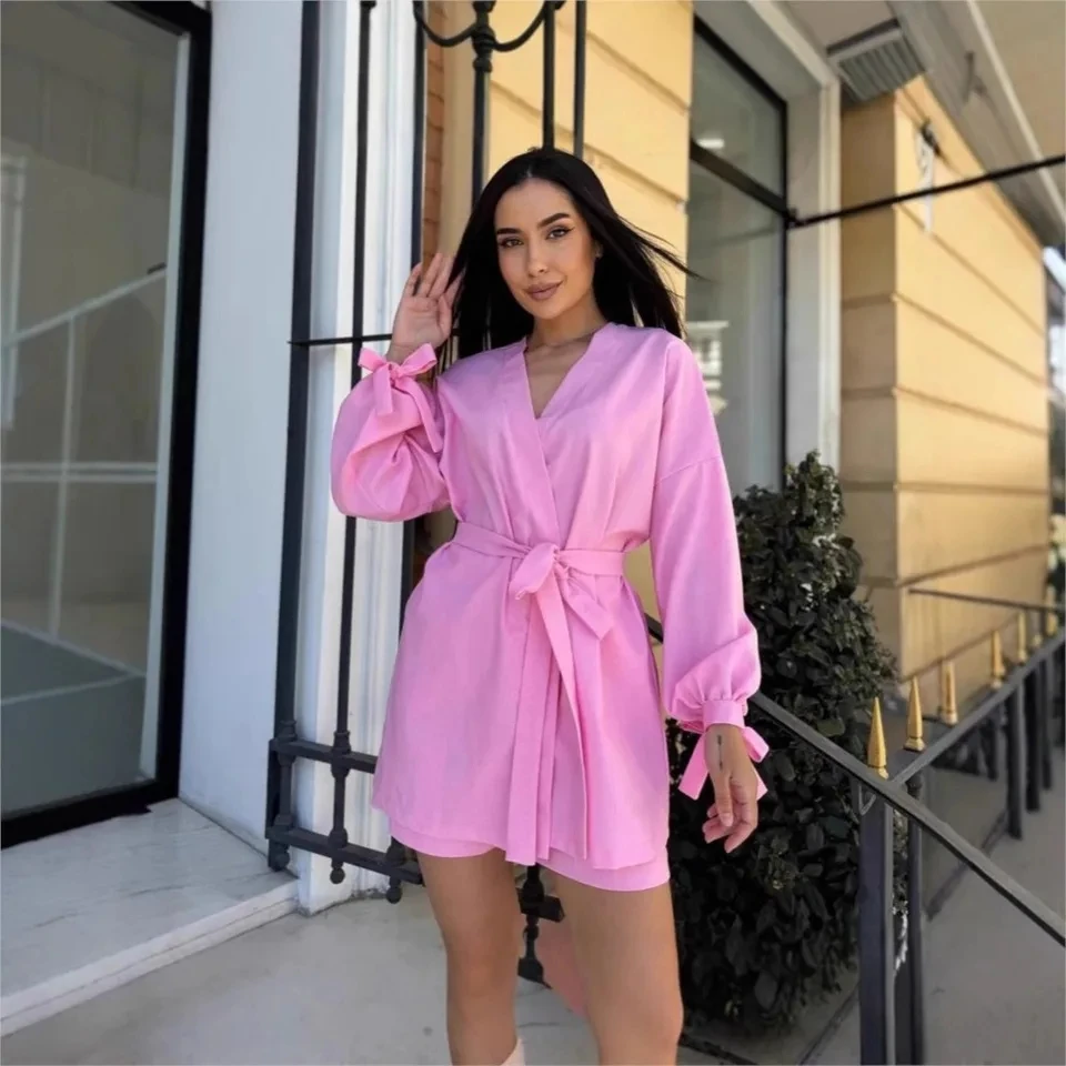 

Fashion Loose Lace-up Top + High Waist Lace-up Shorts 2piece Set Spring Summer New Casual Elegant Long-sleeved Shirt Female Suit