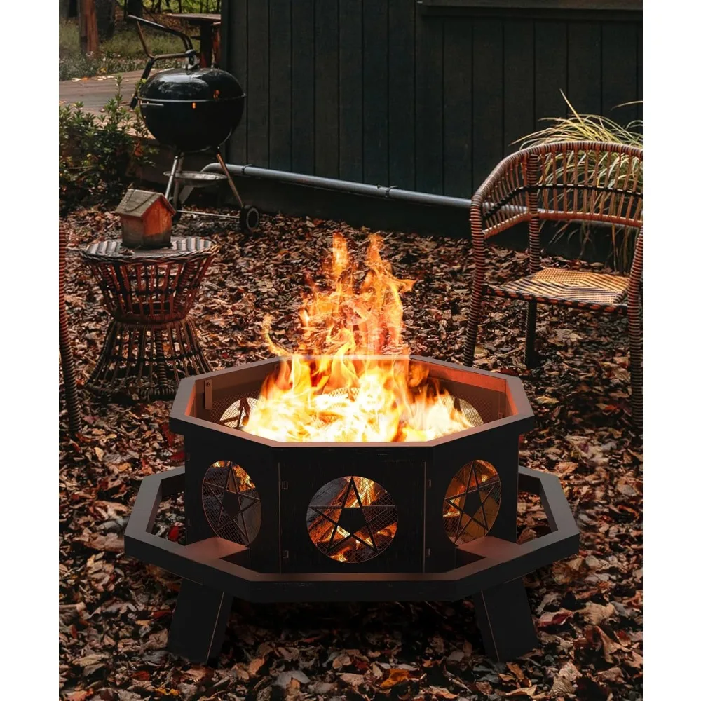 

43 inch Fire Pit, Outdoor Fire Pits with Cooking Grill, Wood Burning Fire Pits for Outside, Octagonal Heavy Duty Large Firepit w