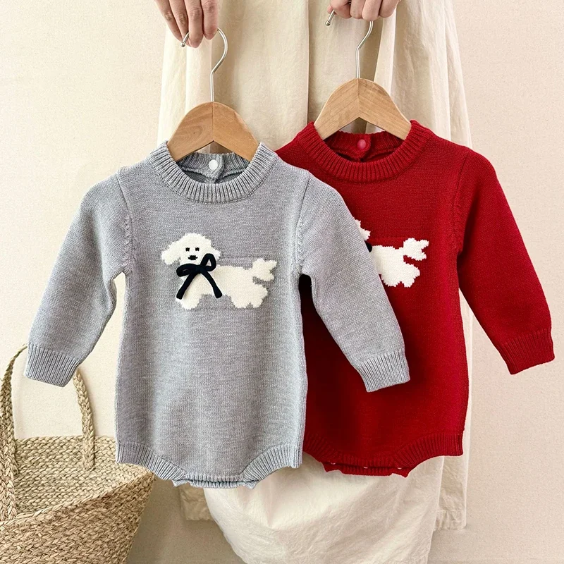 

2025 New Autumn 0-24M Toddler Baby Girl Knitted Romper Long Sleeved Cartoon Infant Baby Girls Knitted Jumpsuit Baby Clothing