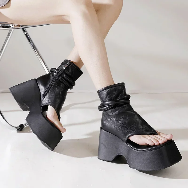 Summer New Slim Wedges Platform Flip Flops Sewing Cut Out Narrow Band Genuine Leather Women Ankle Short Gladiator Boots - view 5