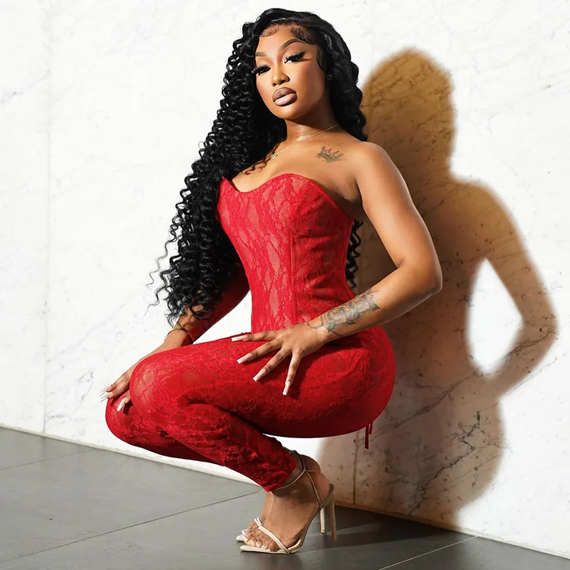 

Women Sexy See Through Mesh Lace 2 Piece Set Grommet Lace Up Backless Strapless Croset Tank Tops + Leggings Pants Clubwear Suit