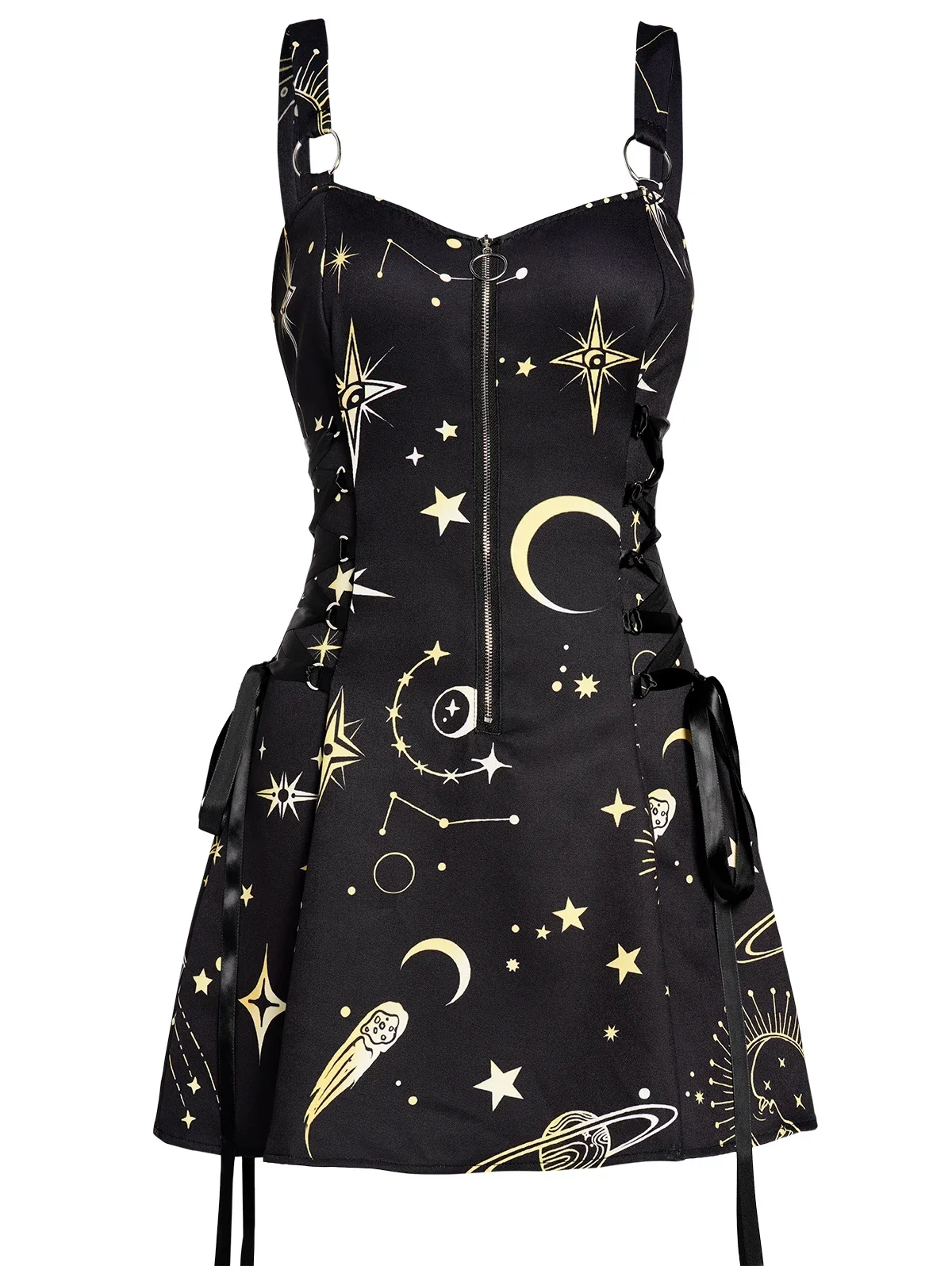 Vestido con estampado de estrellas y sol para mujer, traje de media cremallera con cordones, cintura alta, minibata de línea A, camiseta sin mangas informal A la moda, Lolita