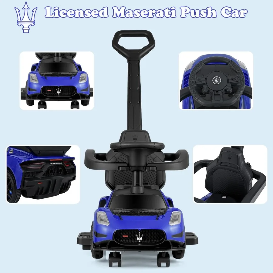 幼児用3in1プッシュカー、ライセンス取得済みマセラティベビーカー、プッシュハンドル、ホーン、音楽、収納付きのスライド式歩行車