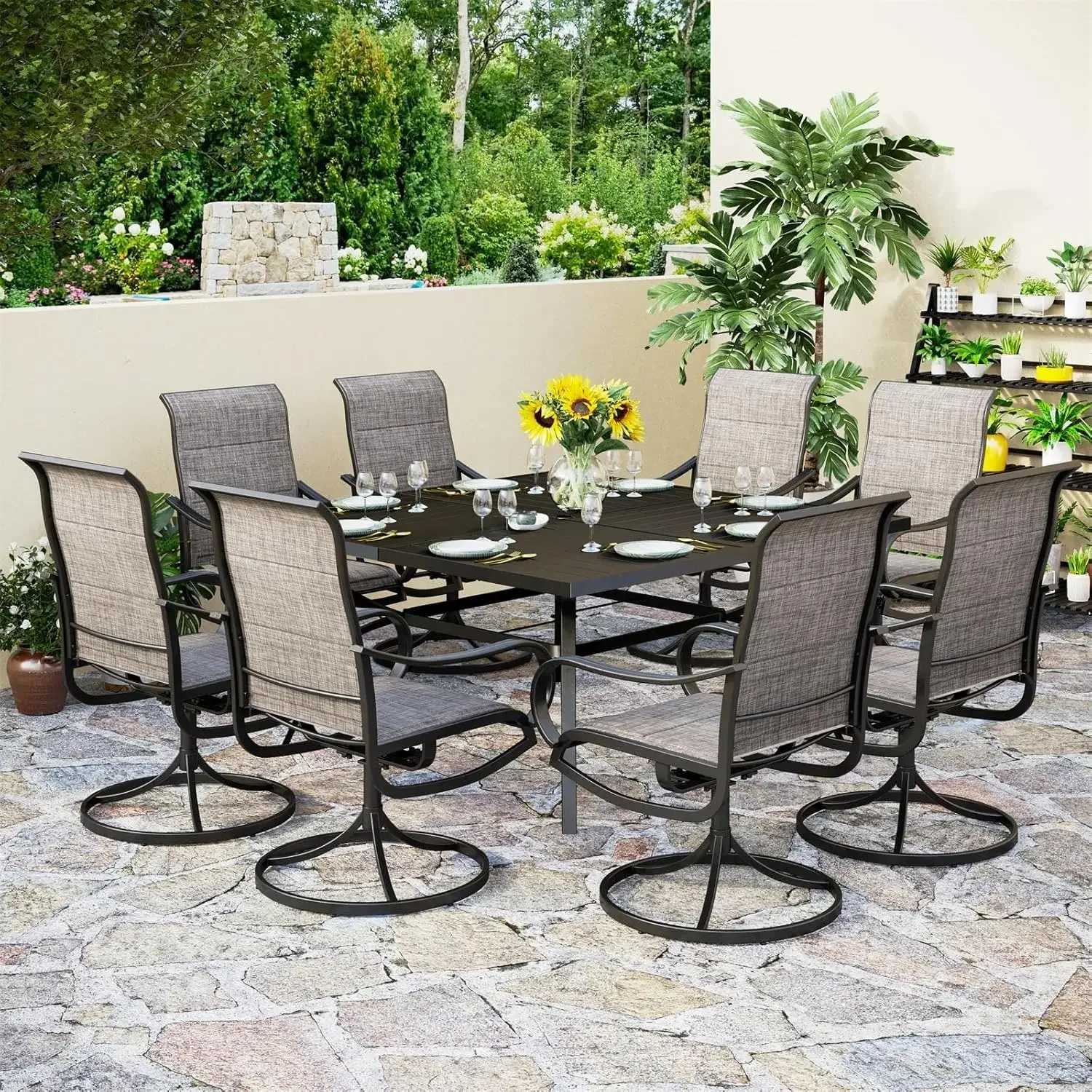 9 Pcs Patio Dining Set with Large Square Metal Dining Table & 8 Outdoor Padded Textilene Fabric Swivel Dining Chairs