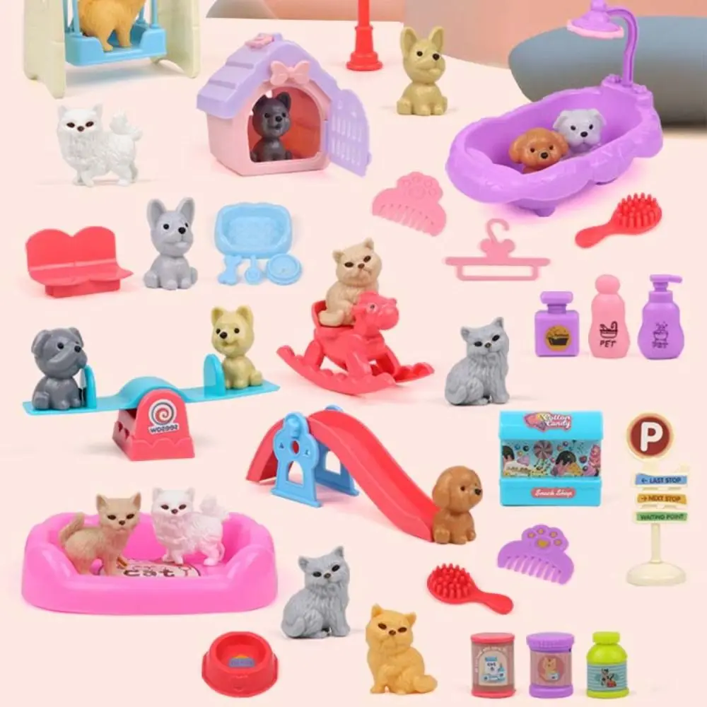 High Quality Cute Mini Puppy Pretend Play Toy Dog Doll Set Animal Dog Pet Basket Toys Kids Toys Visual Senses Dog Cage Toys