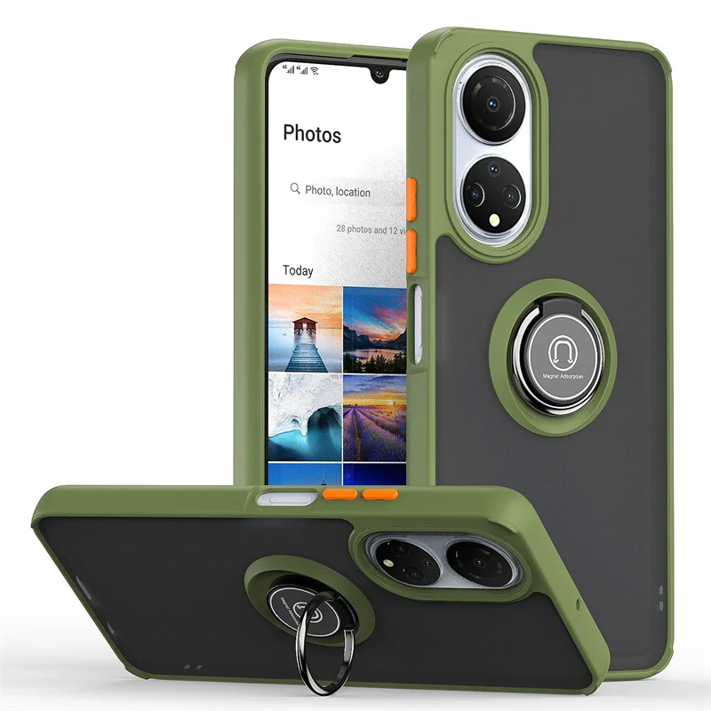 Shockproof Armor PC Matte Case For Huawei P60 Pura 70 Pro Plus P30 P40 Lite Nova 11i Y61 5T 10 SE Magnet Ring Holder Stand Cover