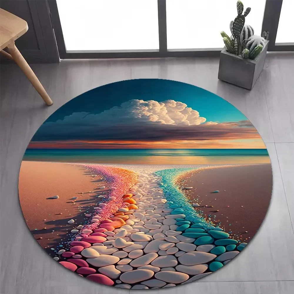 Colorful Pebble & Rainbow Road Round Rug – Soft Beach Stone Design for Bedroom, Living Room & Pet-Friendly Decor